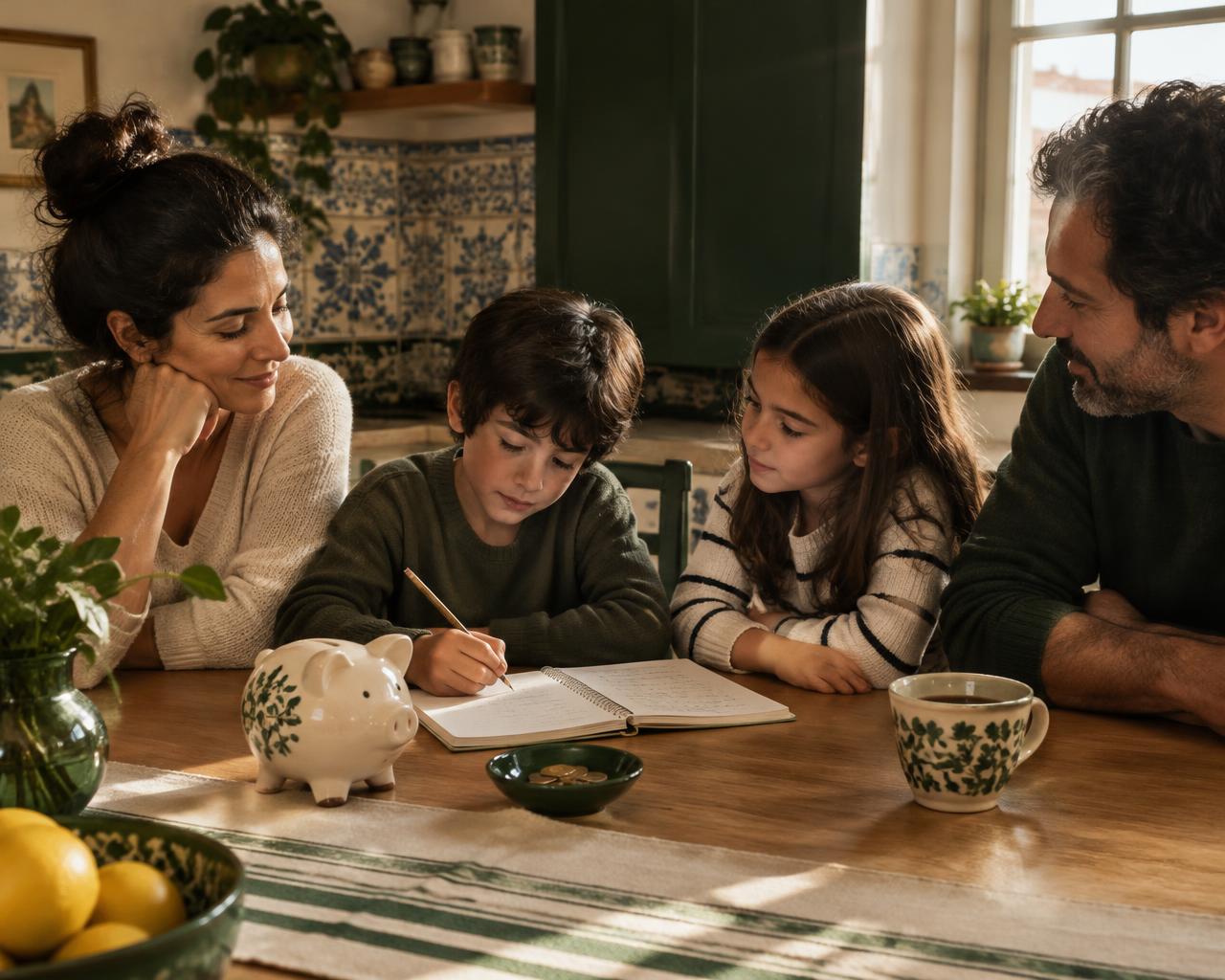 Família a planear o orçamento à mesa da cozinha